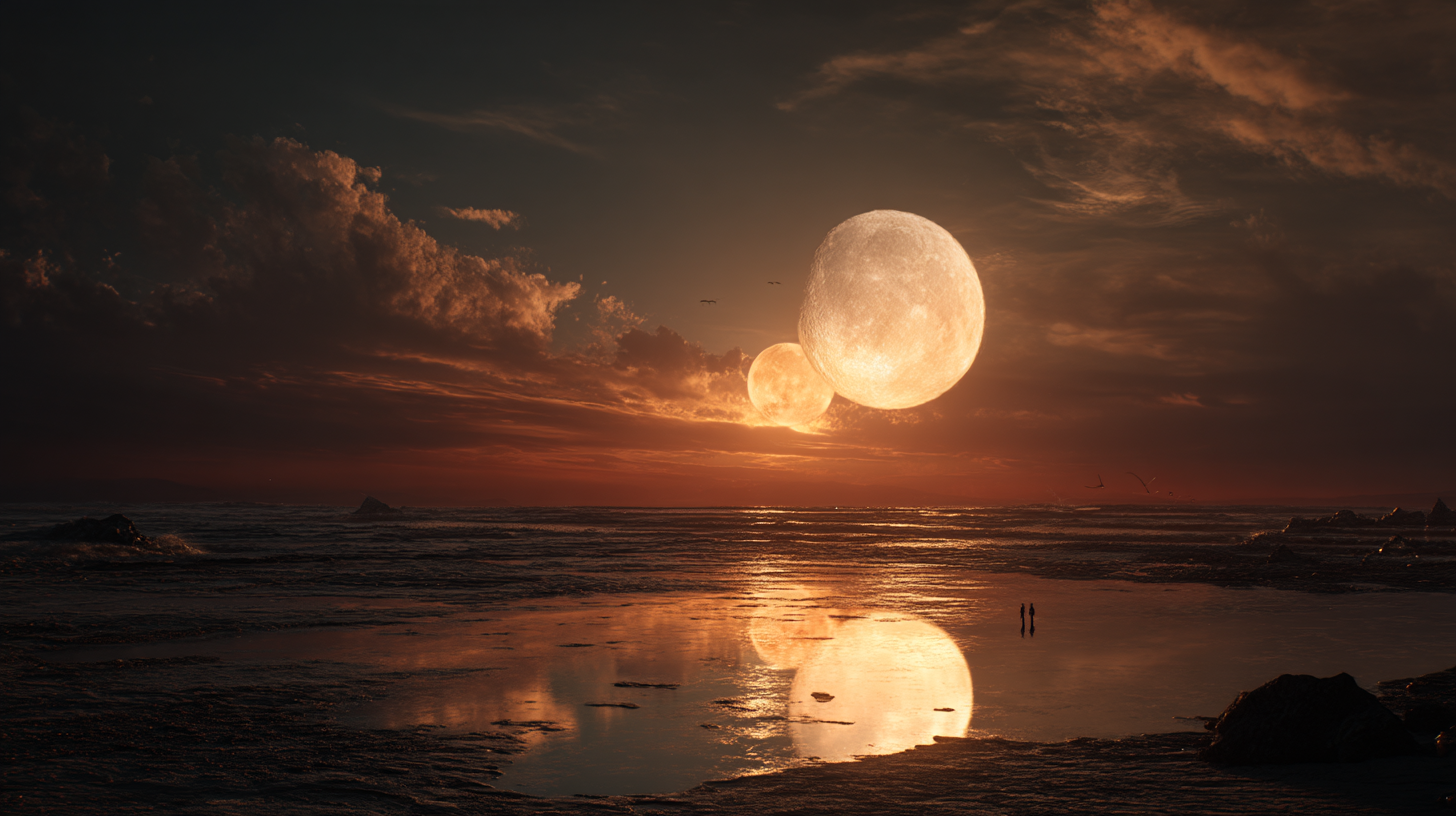 Another Golden Hour 1 a moon over water with birds flying in the sky